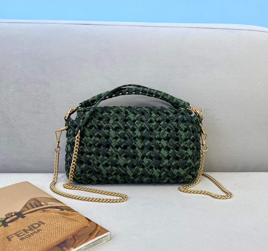 Fendi 8BR600 Baguette Jacquard Fabric Interlace Bag 8267S Green - luxibagsmall