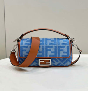 Fendi 8BR600 Baguette Medium Light blue denim bag with FF embroidery - Default Title - View 1