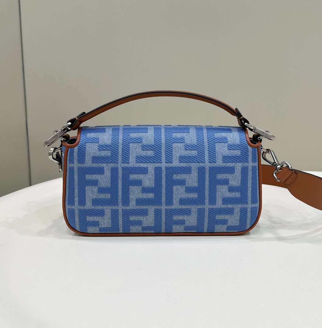 Fendi 8BR600 Baguette Medium Light blue denim bag with FF embroidery
