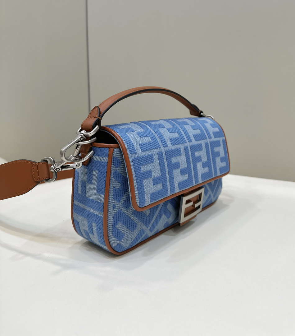 Fendi 8BR600 Baguette Medium Light blue denim bag with FF embroidery - Default Title - View 3