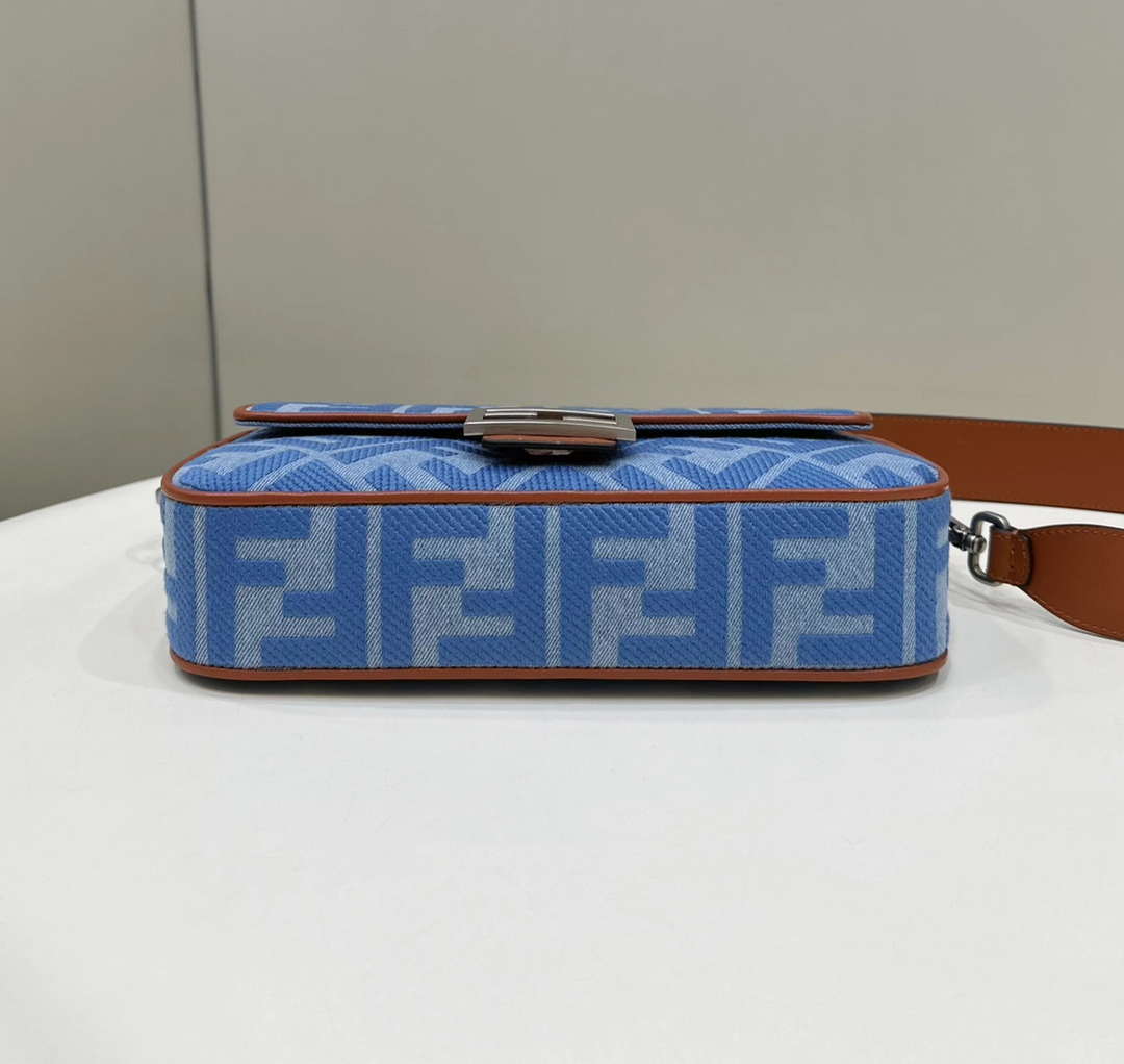 Fendi 8BR600 Baguette Medium Light blue denim bag with FF embroidery