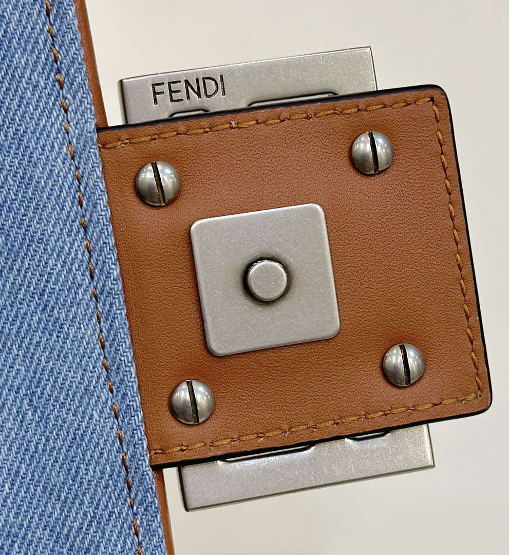 Fendi 8BR600 Baguette Medium Light blue denim bag with FF embroidery