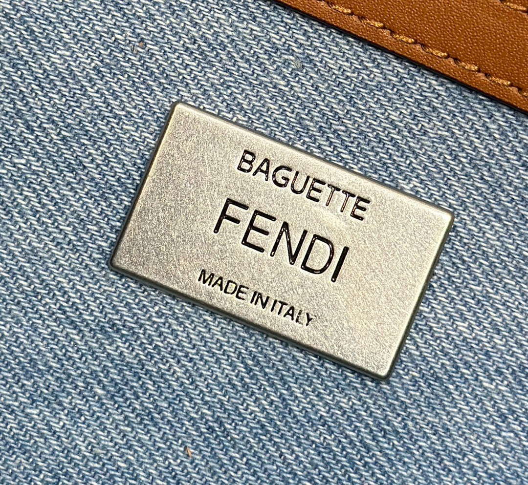 Fendi 8BR600 Baguette Medium Light blue denim bag with FF embroidery - Default Title - View 7