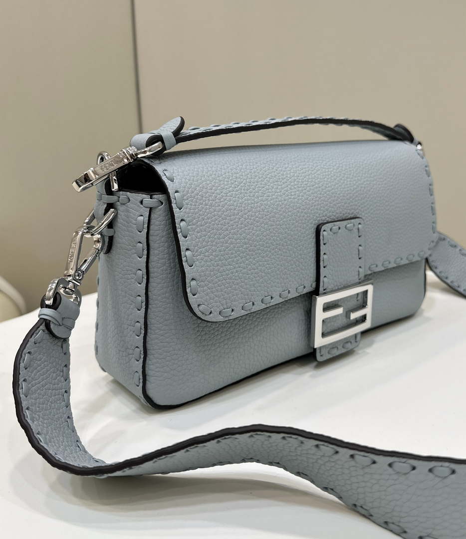 Fendi 8BR600 Baguette Light Blue Selleria bag with Oversized Topstitching 8610