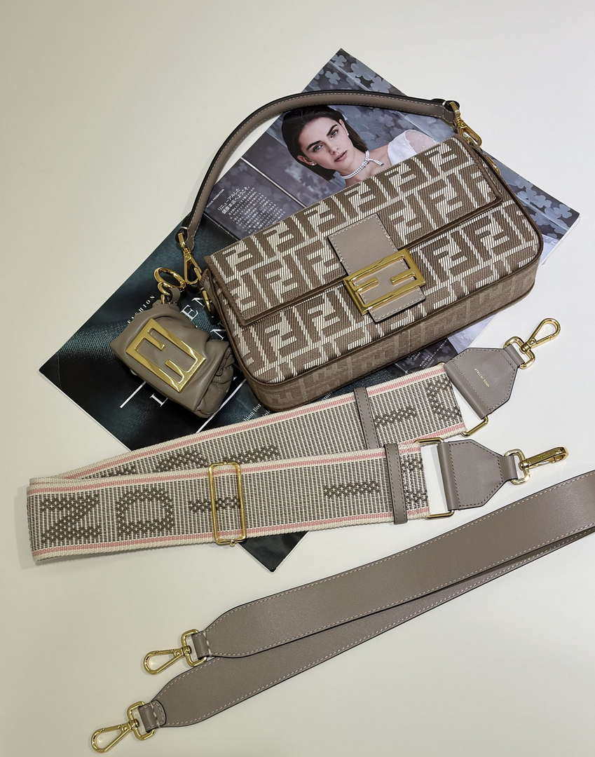 Fendi 8BR600 Baguette Medium bag Brown denim-effect FF jacquard bag - Default Title - View 1