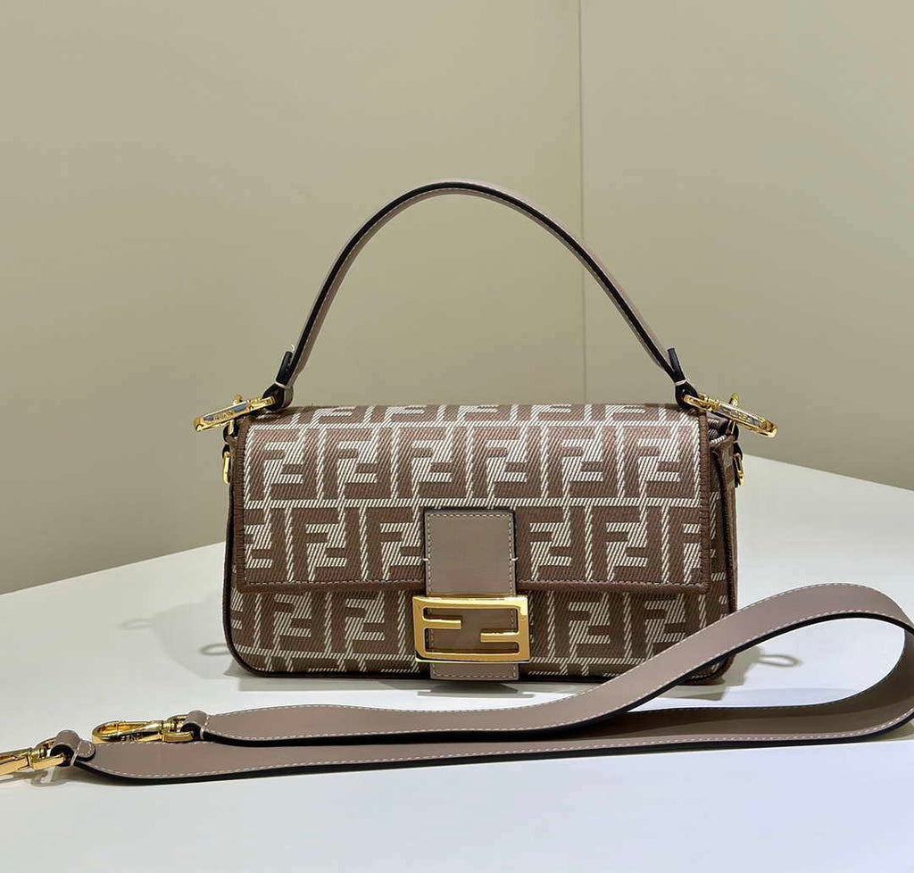 Fendi 8BR600 Baguette Medium bag Brown denim-effect FF jacquard bag