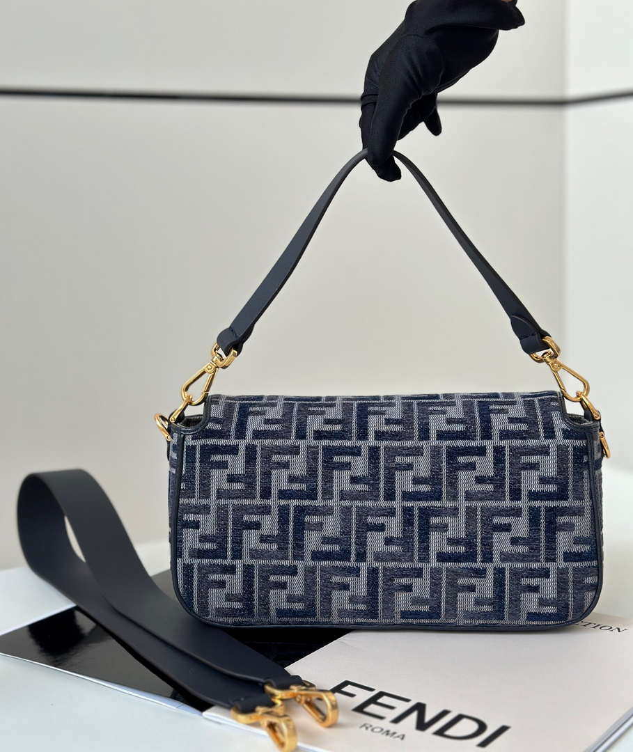 Fendi 8BR600 Baguette Medium bag navy Blue denim-effect FF jacquard bag
