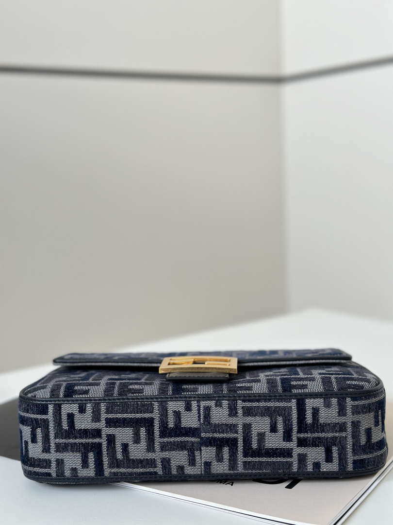 Fendi 8BR600 Baguette Medium bag navy Blue denim-effect FF jacquard bag