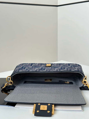 Fendi 8BR600 Baguette Medium bag navy Blue denim-effect FF jacquard bag - Default Title - View 9