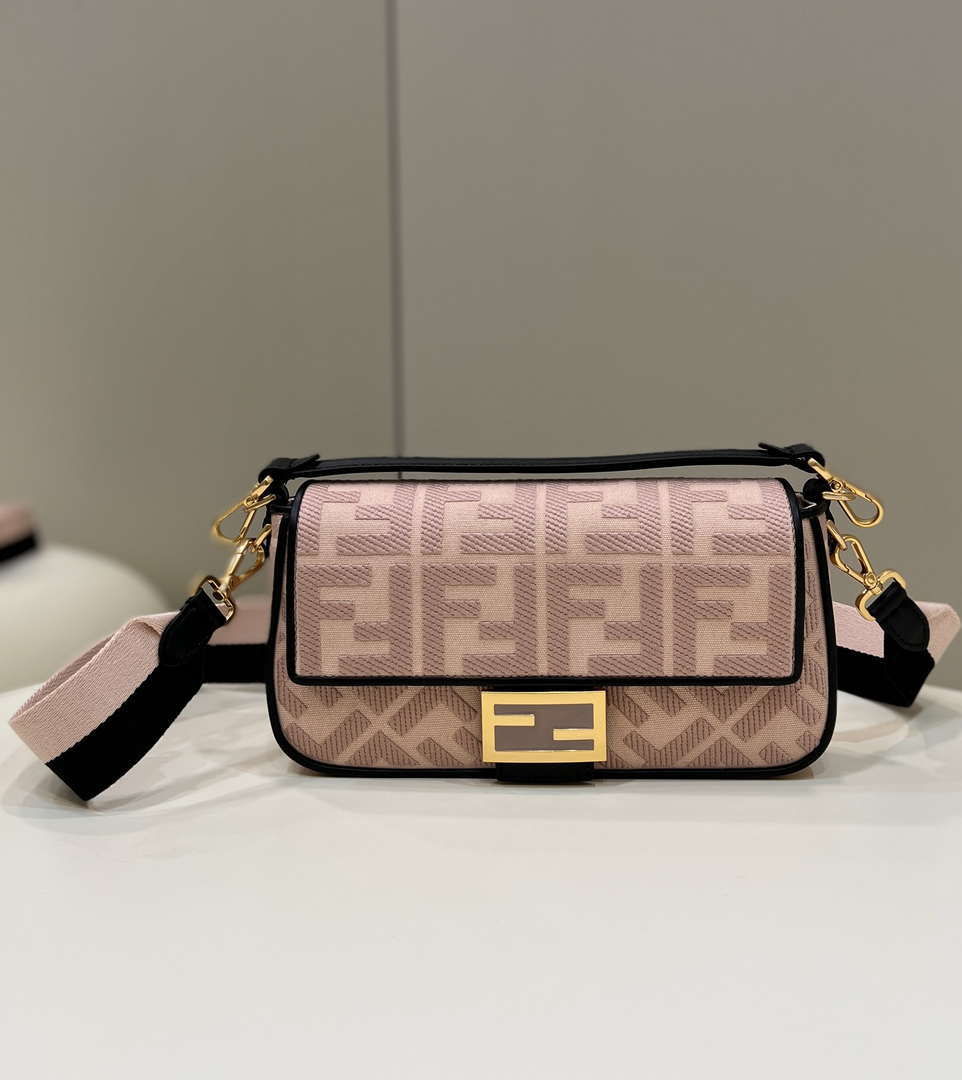 Fendi 8BR600 Baguette Medium bag with FF embroidery 0159AM Pink with Black - Default Title - View 1