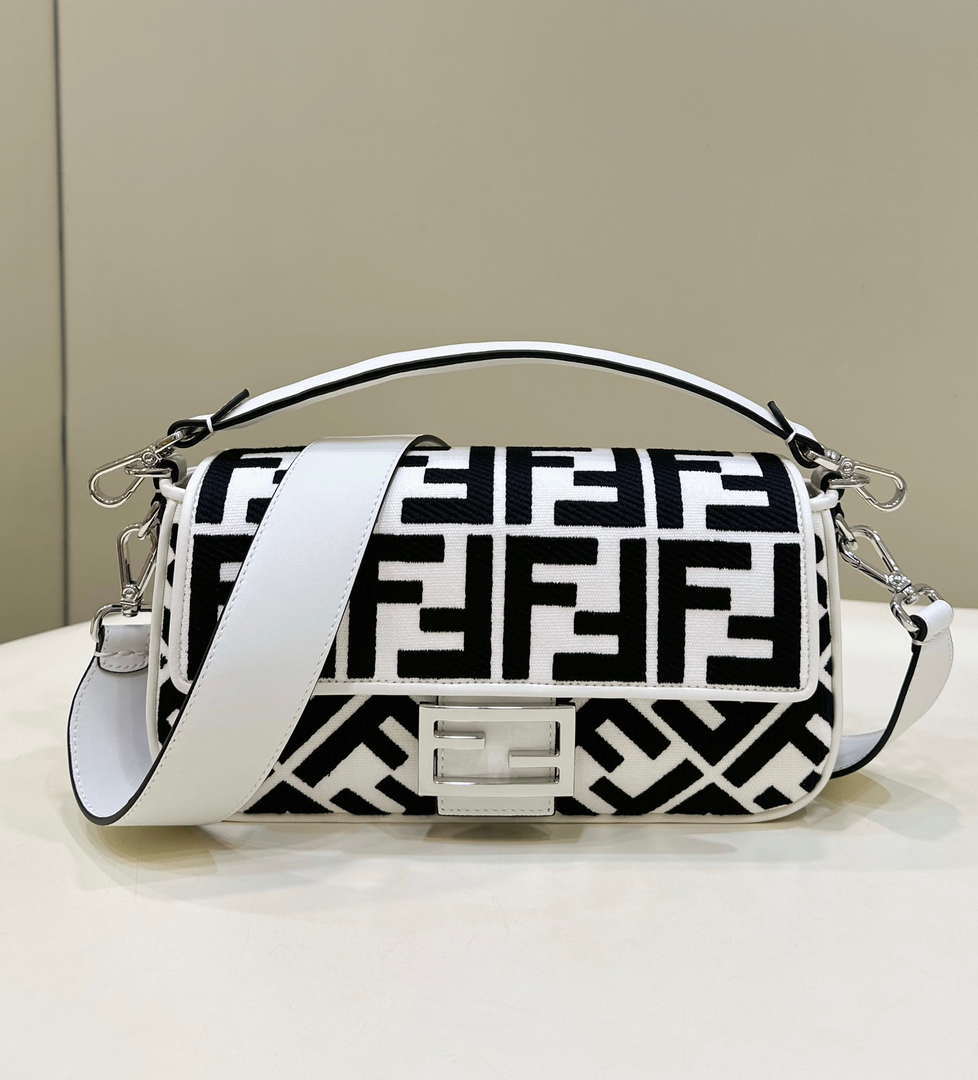 Fendi 8BR600 Baguette Medium bag with FF embroidery 0159AM White and Black - Default Title - View 1