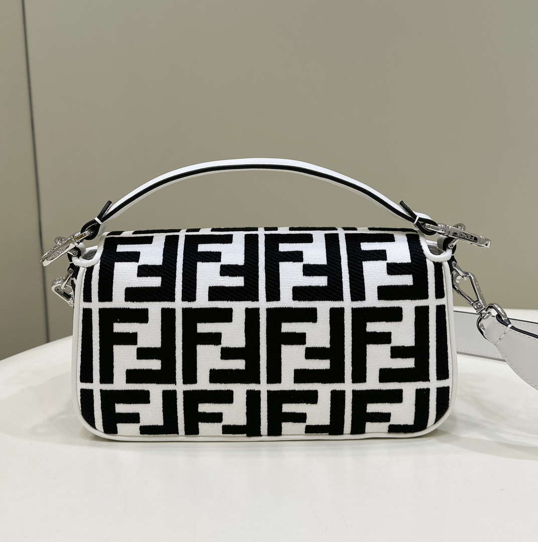 Fendi 8BR600 Baguette Medium bag with FF embroidery 0159AM White and Black