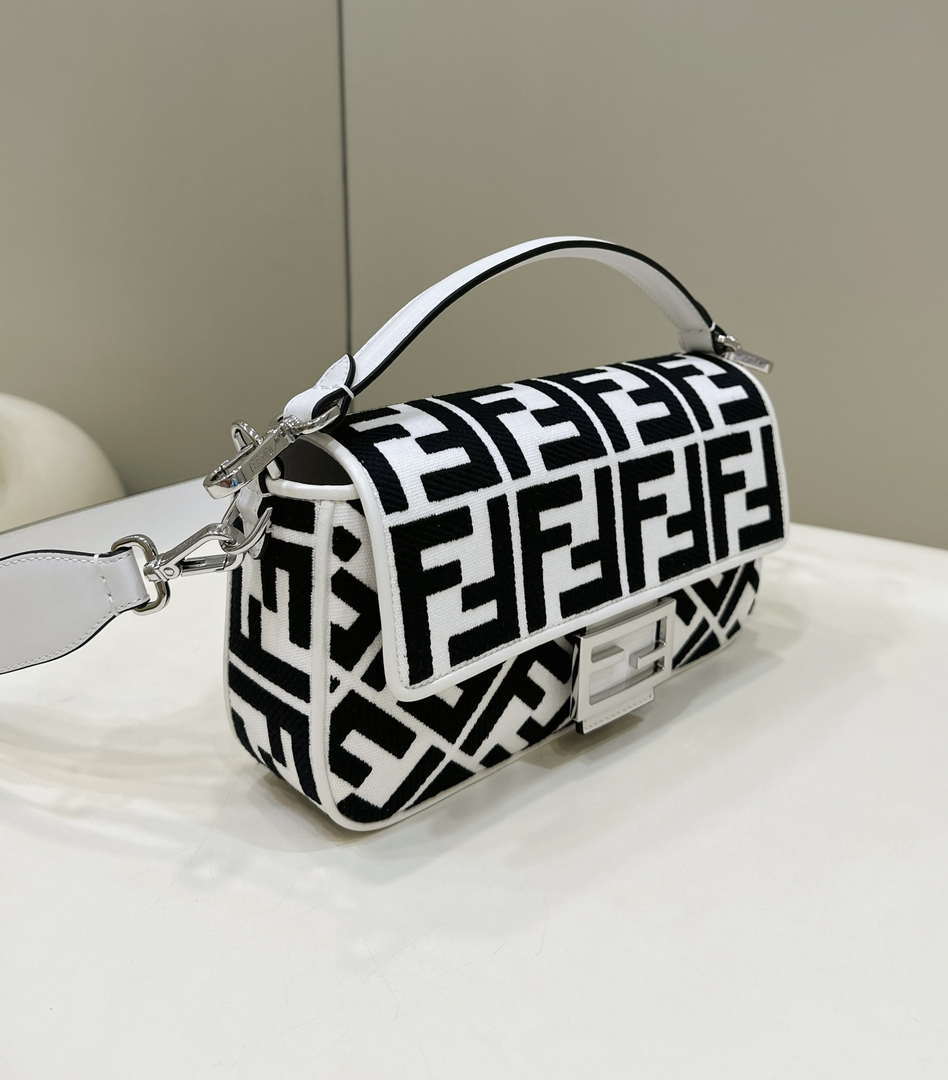 Fendi 8BR600 Baguette Medium bag with FF embroidery 0159AM White and Black - Default Title - View 3