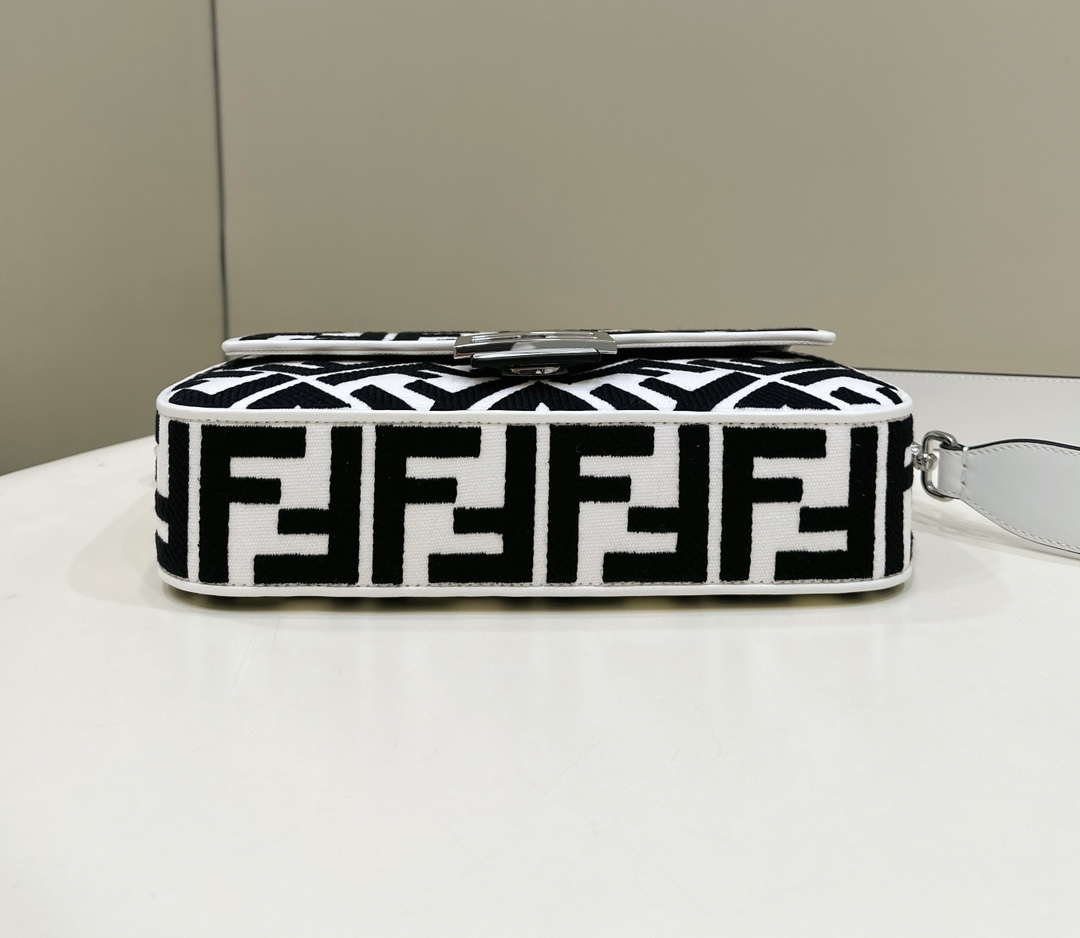 Fendi 8BR600 Baguette Medium bag with FF embroidery 0159AM White and Black - Default Title - View 4