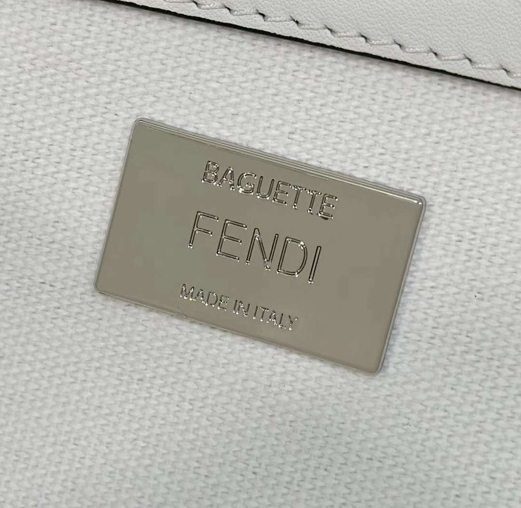 Fendi 8BR600 Baguette Medium bag with FF embroidery 0159AM White and Black