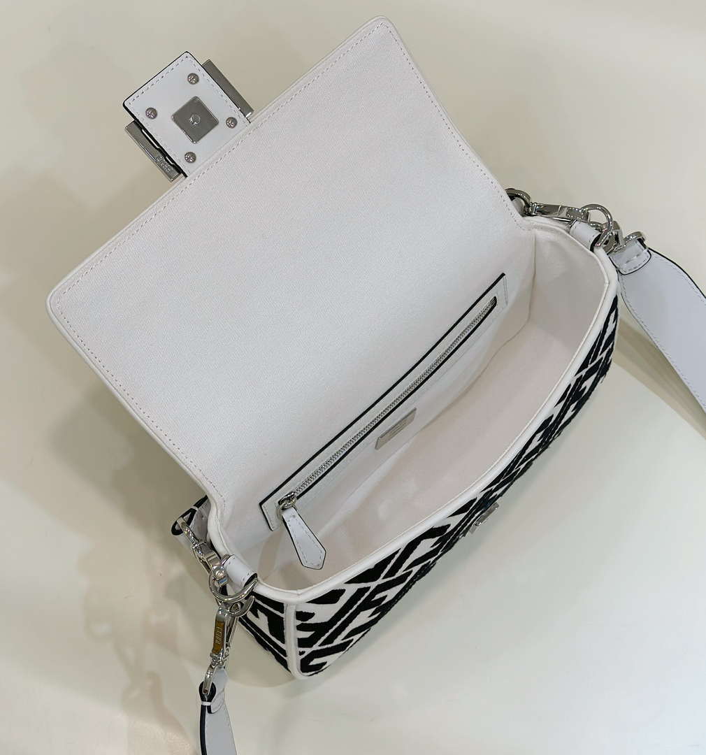 Fendi 8BR600 Baguette Medium bag with FF embroidery 0159AM White and Black