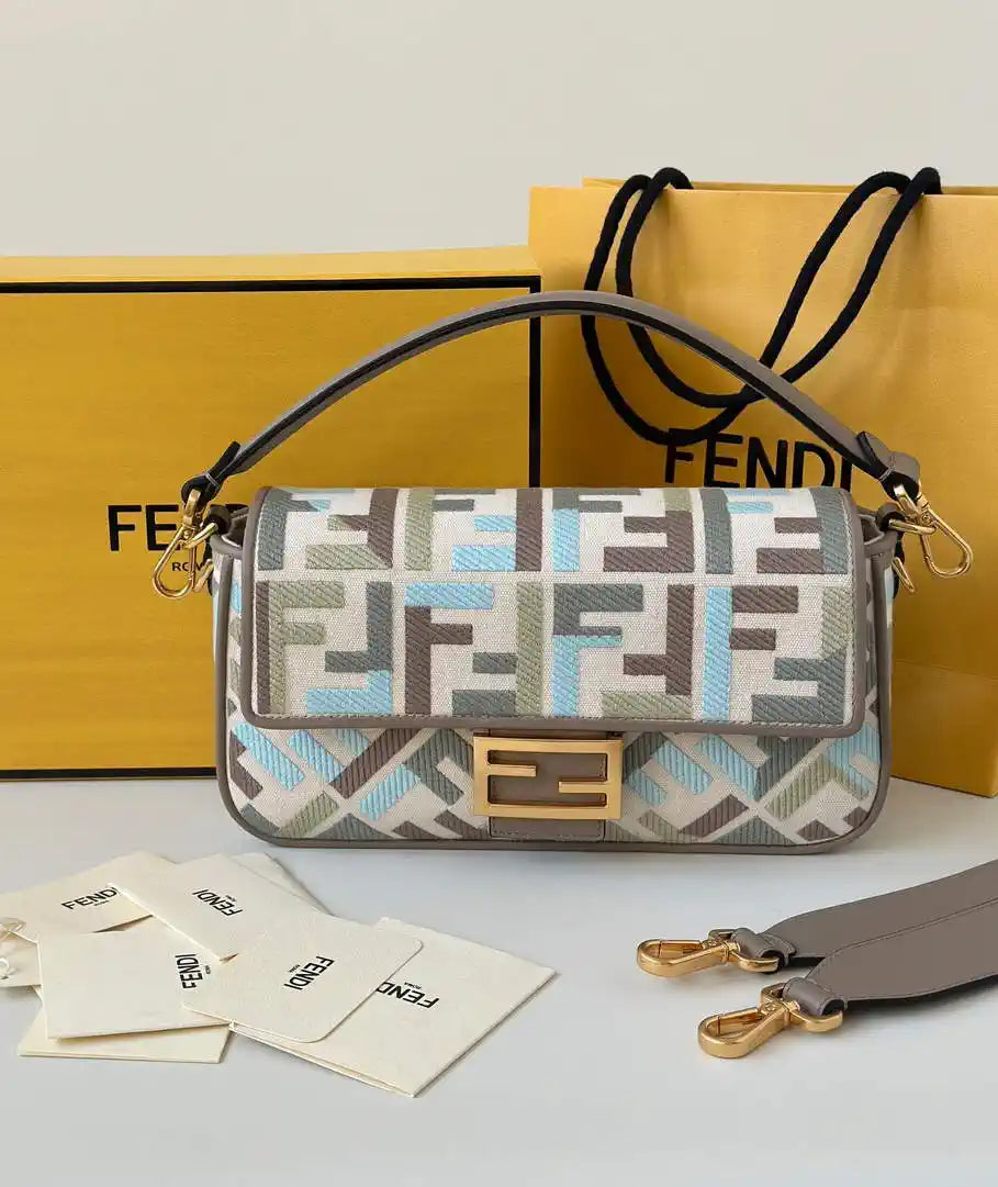 Fendi 8BR600 Baguette Medium bag with FF embroidery 0159BM Blue Gray