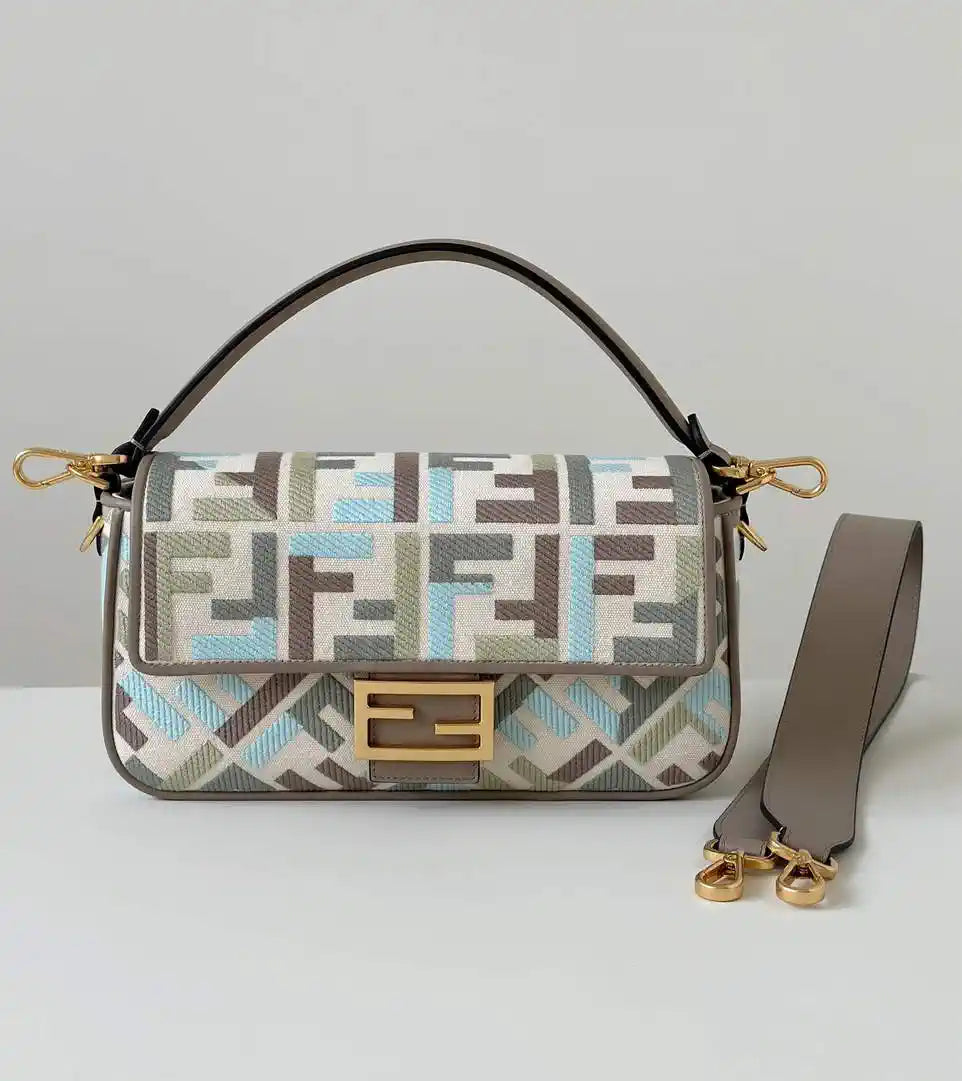 Fendi 8BR600 Baguette Medium bag with FF embroidery 0159BM Blue Gray