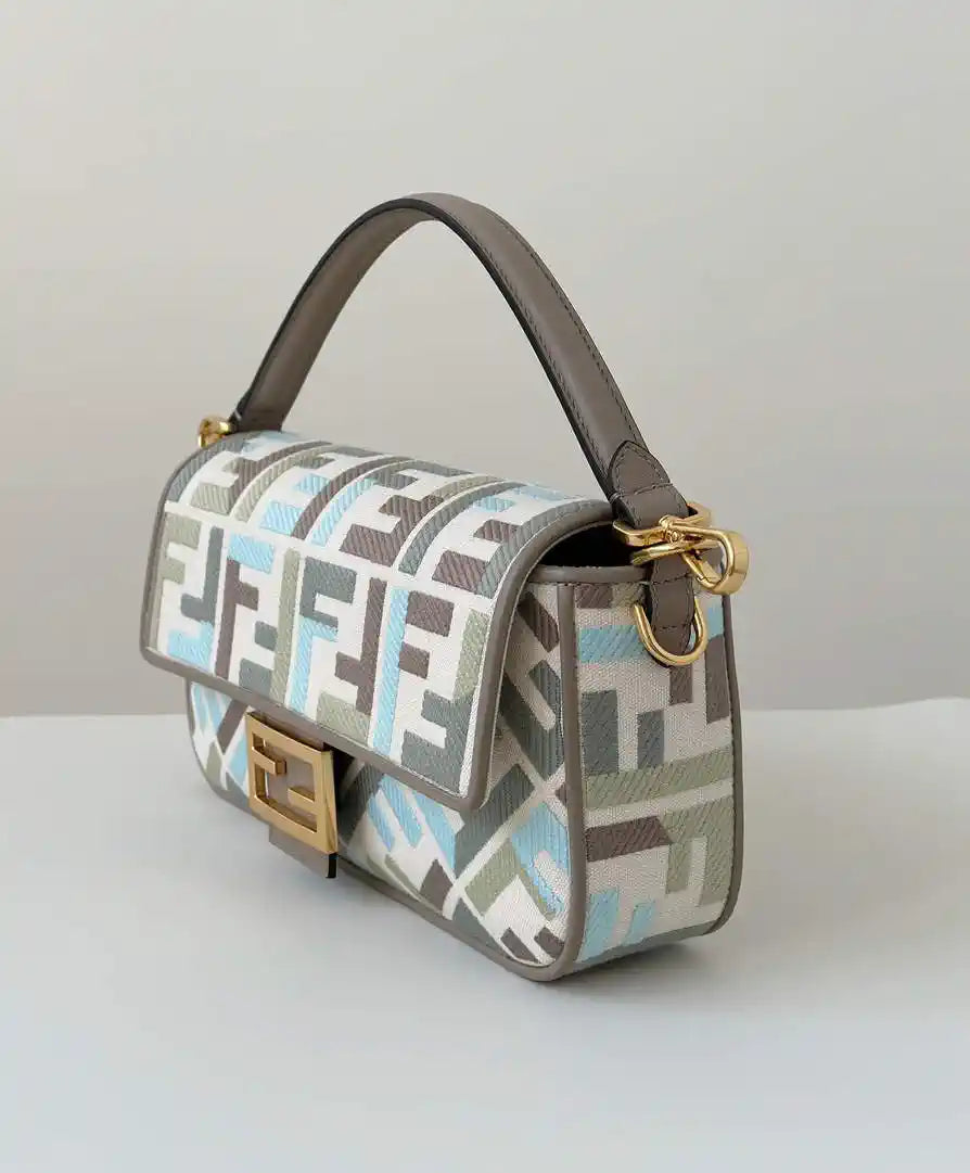 Fendi 8BR600 Baguette Medium bag with FF embroidery 0159BM Blue Gray
