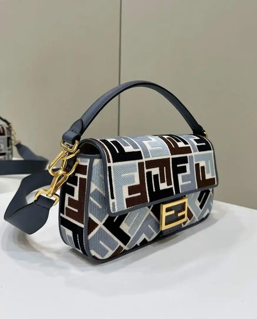 Fendi 8BR600 Baguette Medium bag with FF embroidery 0159BM Brown& Blue