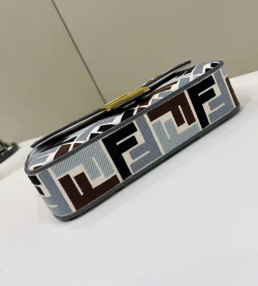 Fendi 8BR600 Baguette Medium bag with FF embroidery 0159BM Brown& Blue