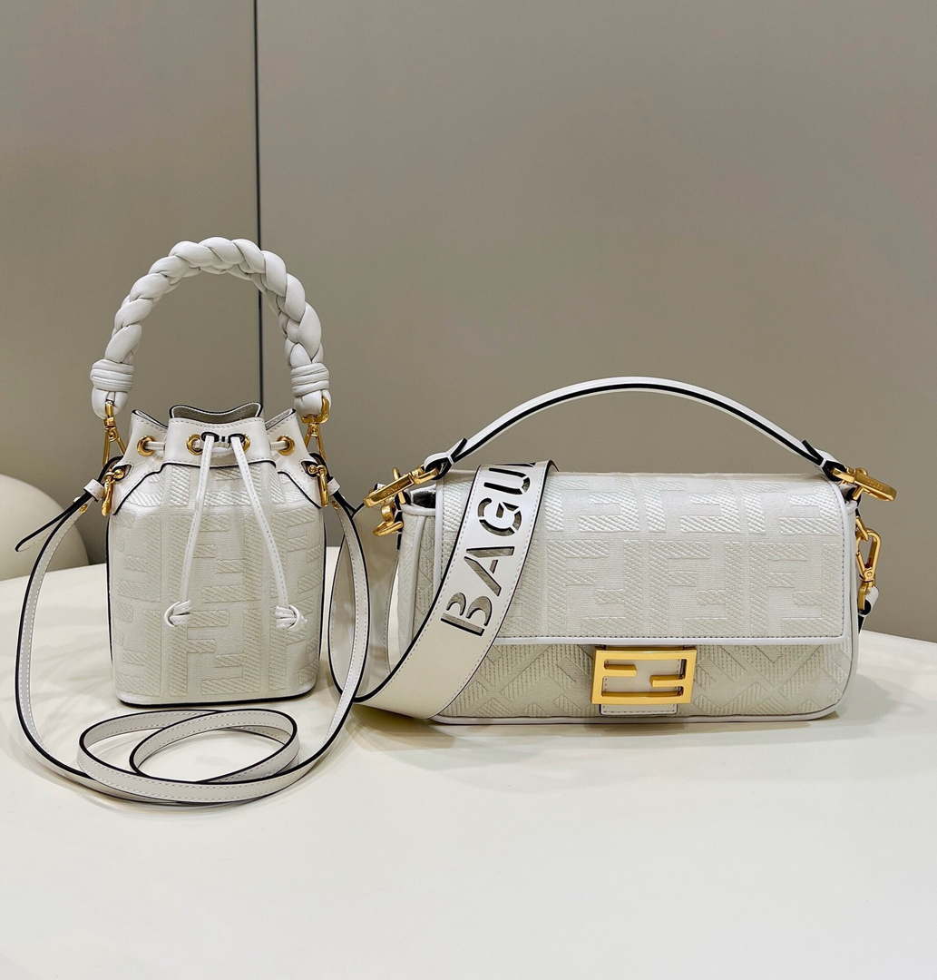 Fendi 8BR600 Baguette Medium bag with FF embroidery 8598 White