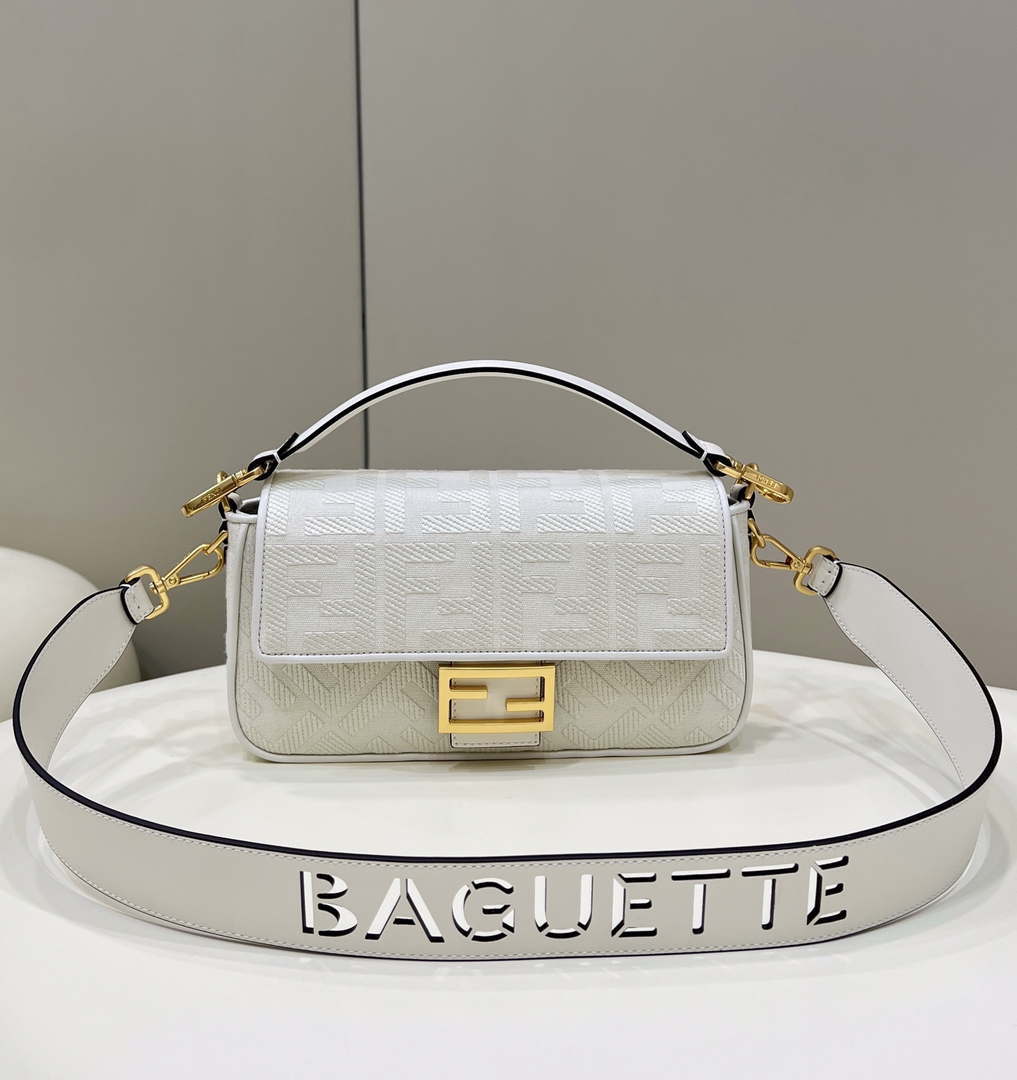 Fendi 8BR600 Baguette Medium bag with FF embroidery 8598 White - Default Title - View 1