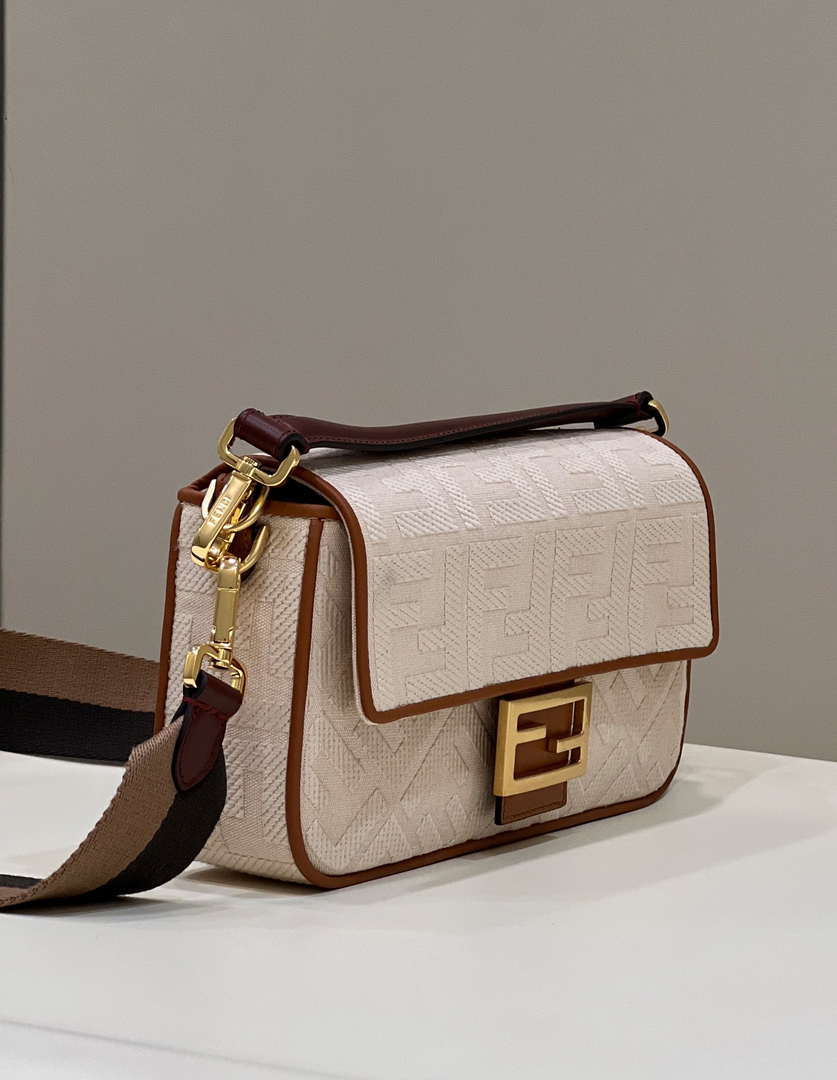 Fendi 8BR600 Baguette Medium bag with FF embroidery Beige 0159A - Default Title - View 3