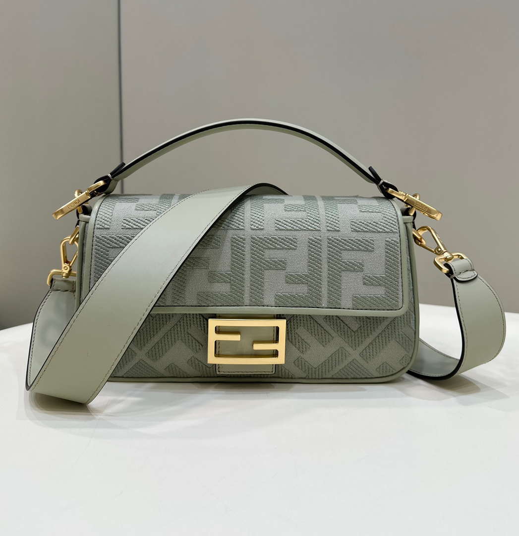 Fendi 8BR600 Baguette Medium bag with FF embroidery Light green 0159A - Default Title - View 1