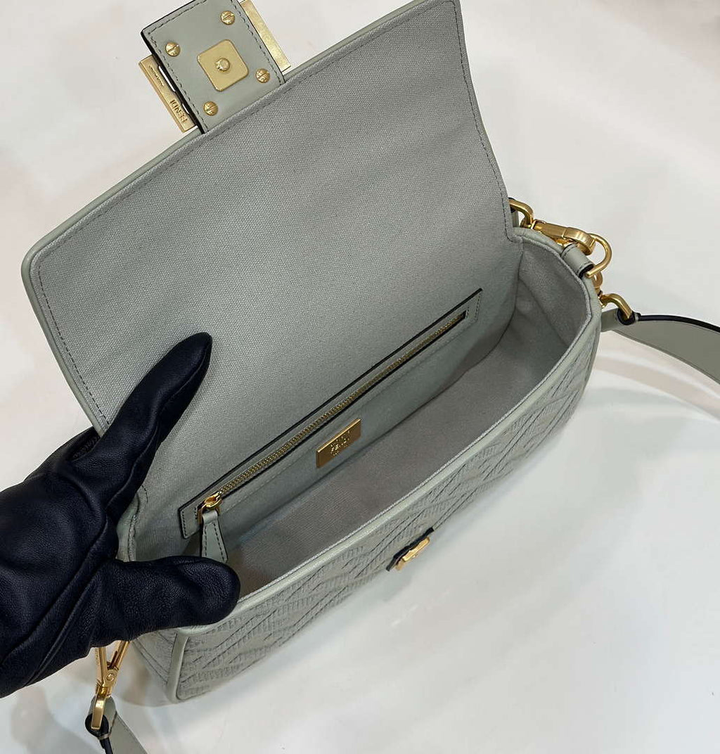 Fendi 8BR600 Baguette Medium bag with FF embroidery Light green 0159A