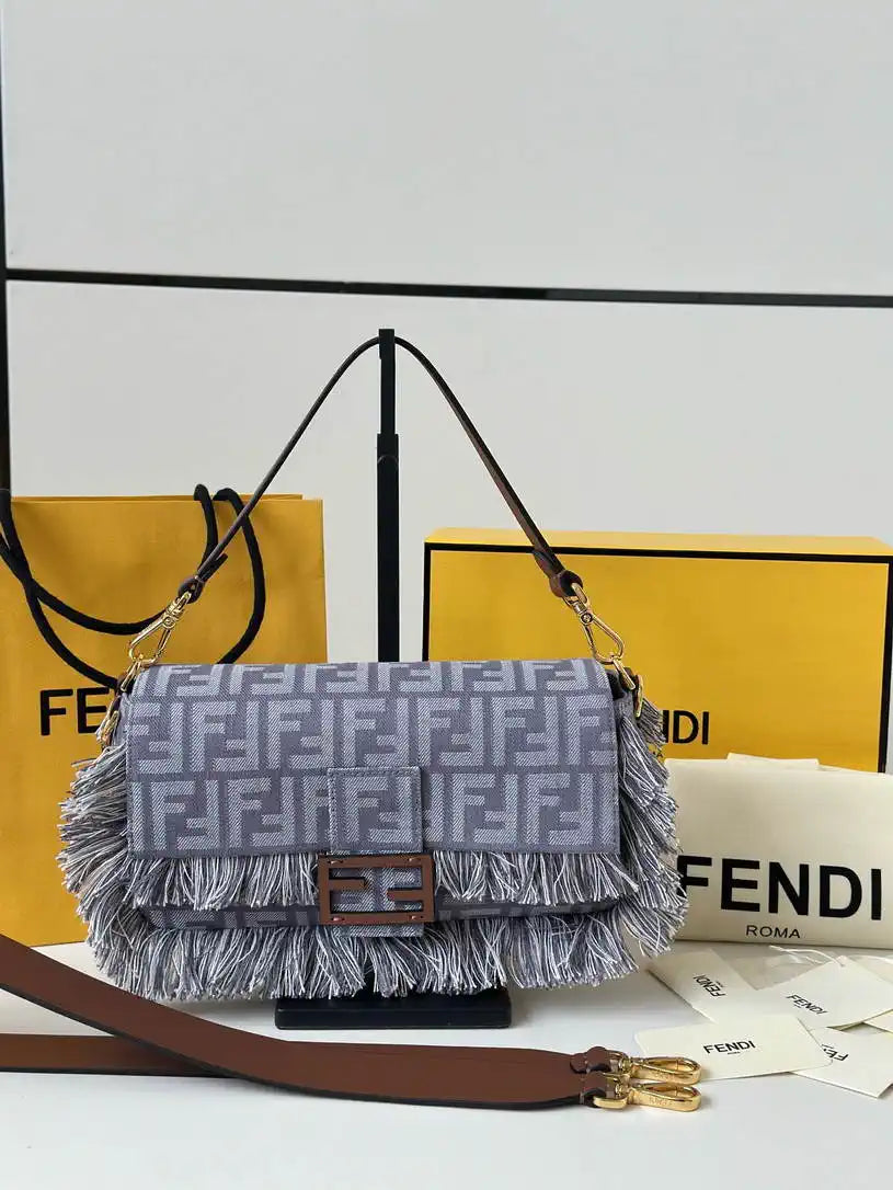 Fendi 8BR600 Baguette Medium Baguette Blue denim-effect FF jacquard bag