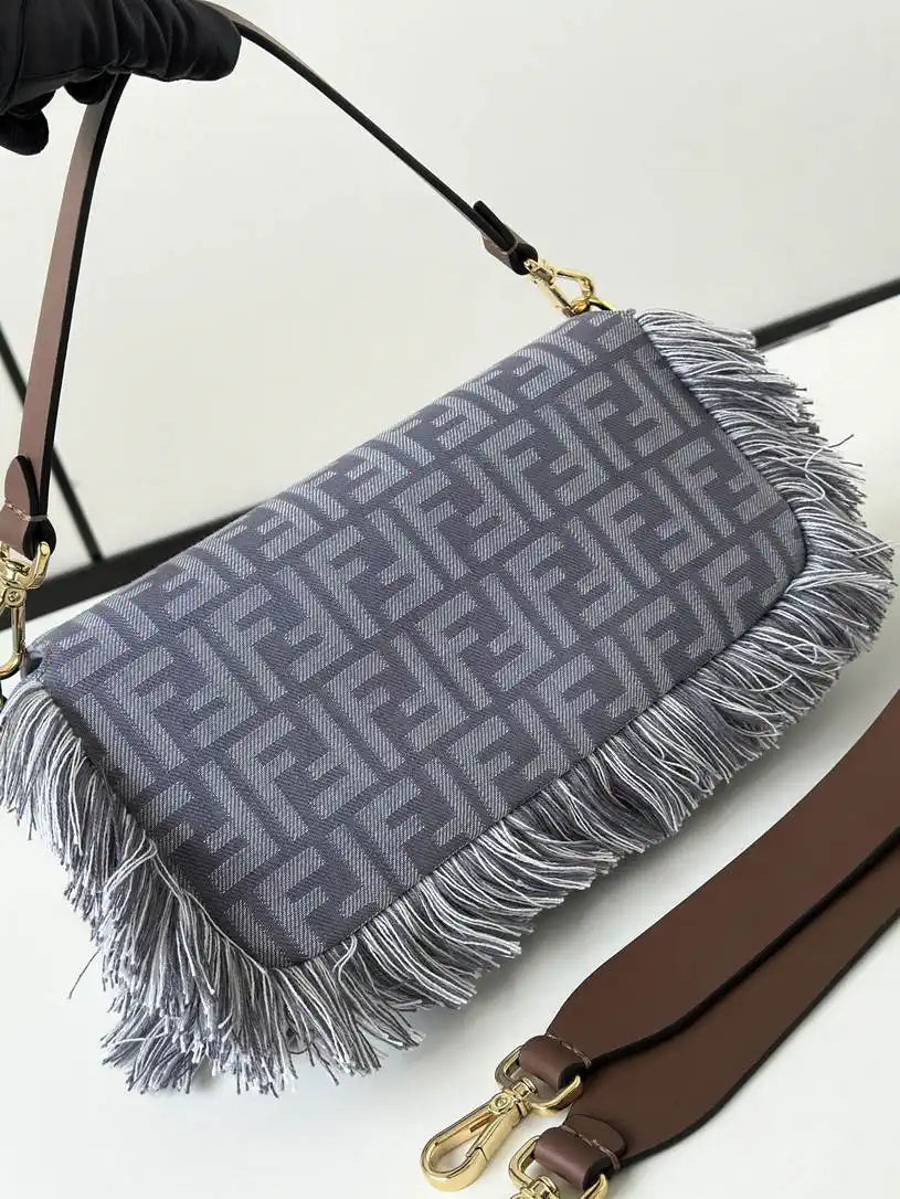 Fendi 8BR600 Baguette Medium Baguette Blue denim-effect FF jacquard bag