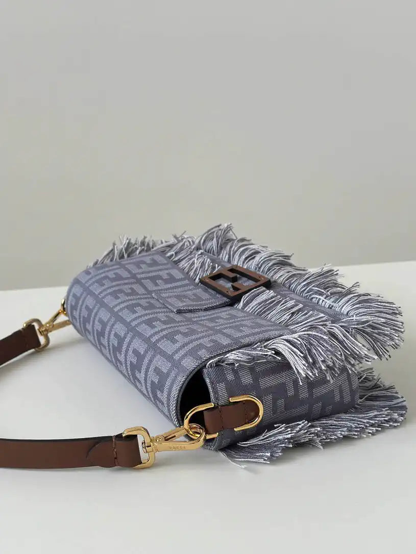 Fendi 8BR600 Baguette Medium Baguette Blue denim-effect FF jacquard bag