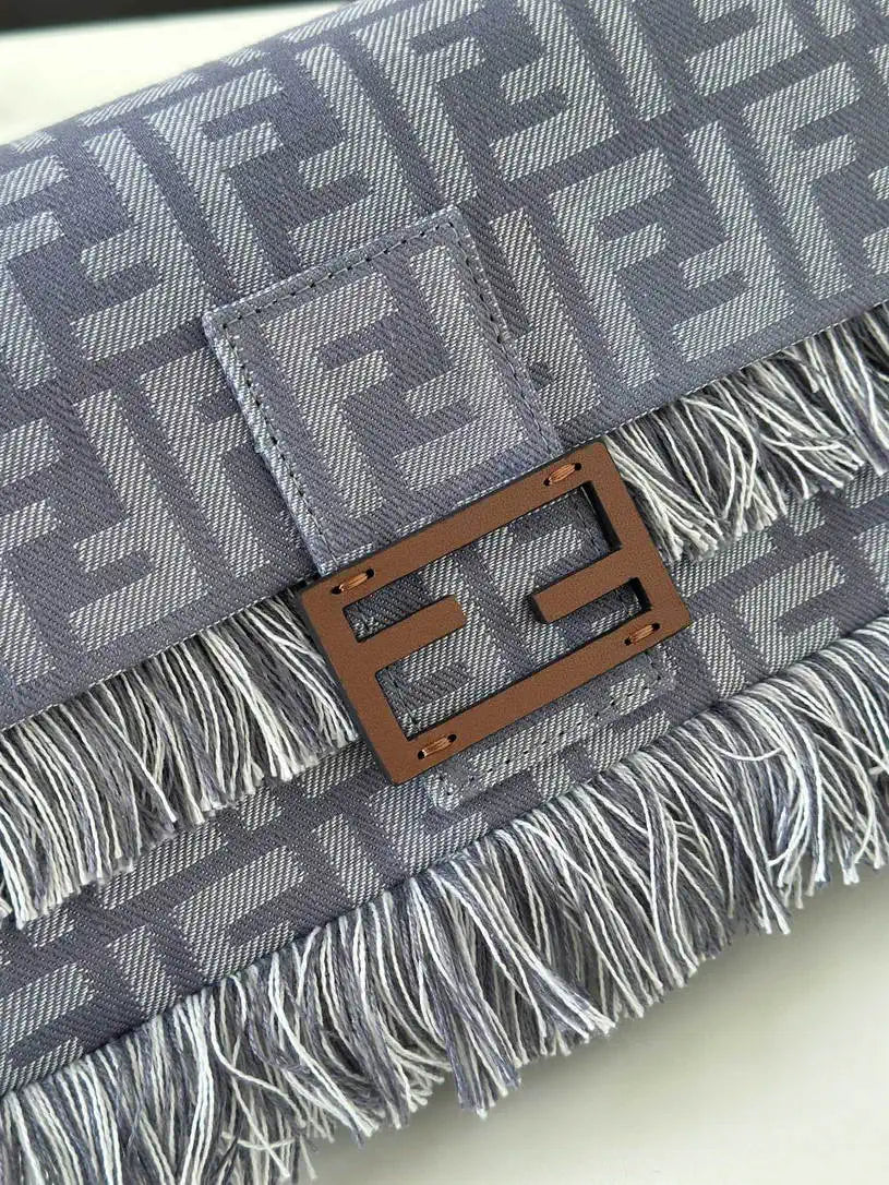 Fendi 8BR600 Baguette Medium Baguette Blue denim-effect FF jacquard bag