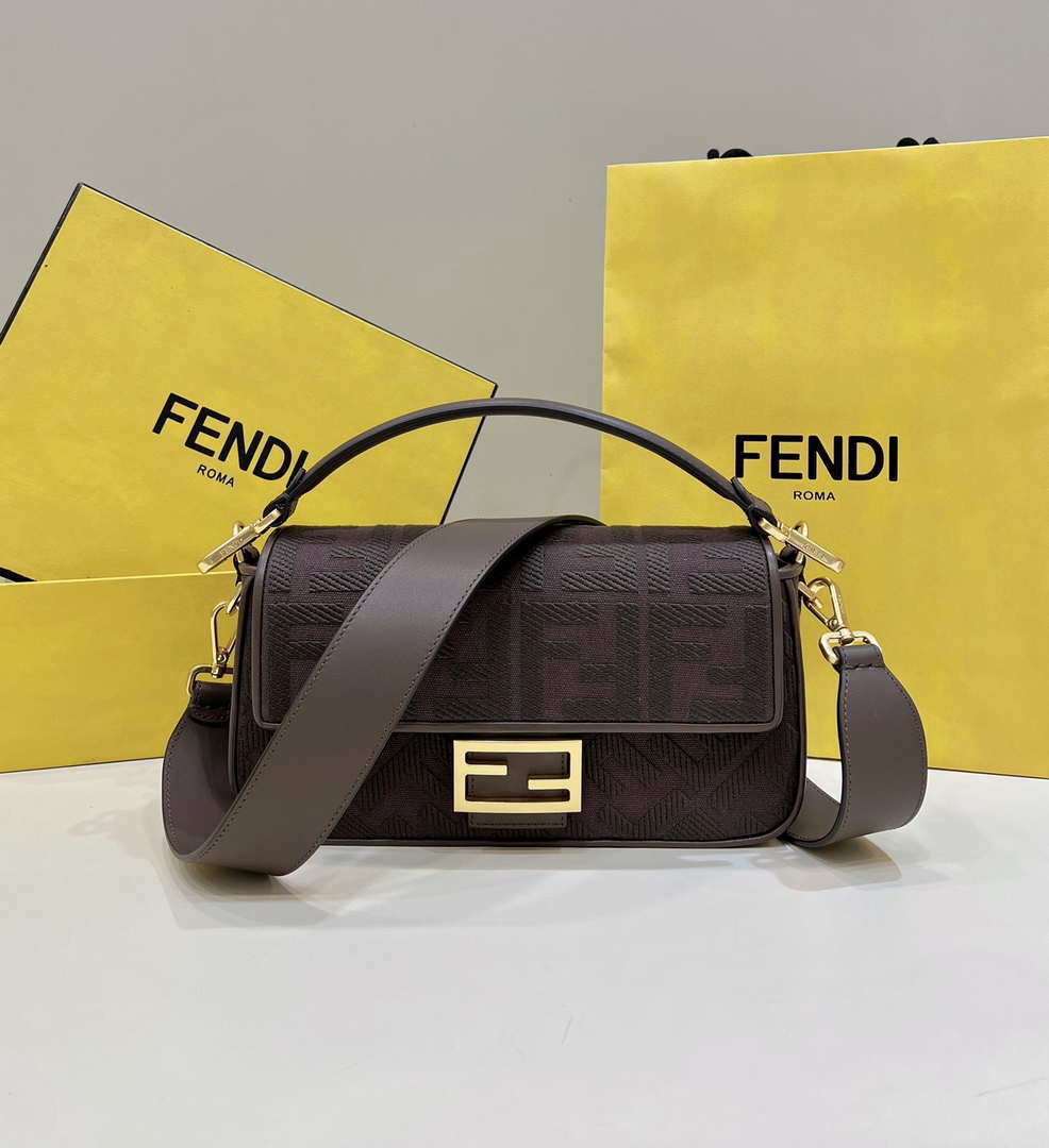 Fendi 8BR600 Baguette Medium Chocolate FF jacquard fabric bag