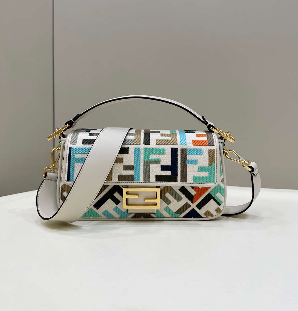 Fendi 8BR600 Baguette Medium Multicolour canvas bag with FF embroidery 0159A - Default Title - View 1
