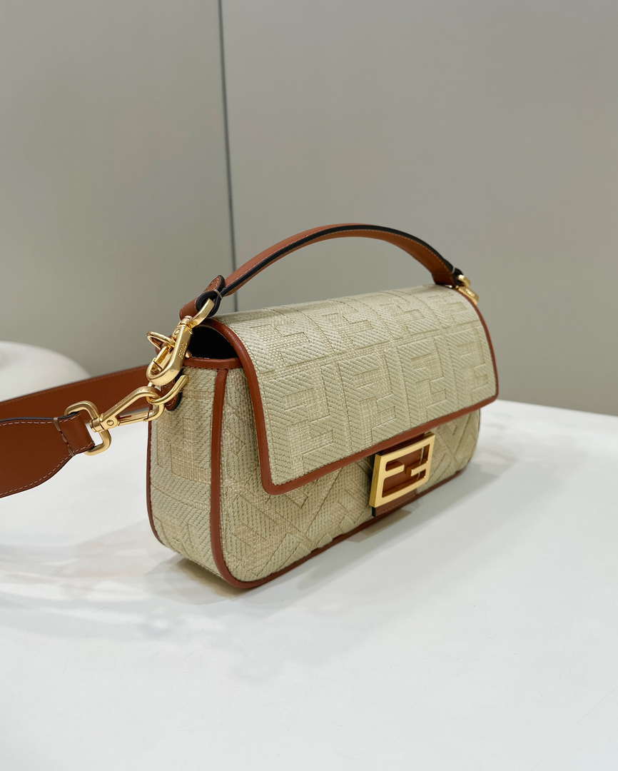 Fendi 8BR600 Baguette Natural straw bag with FF embroidery Beige - Default Title - View 3
