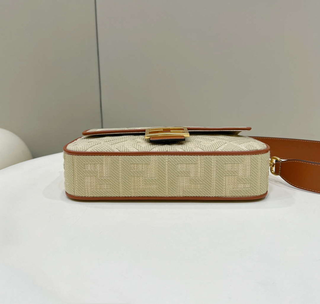 Fendi 8BR600 Baguette Natural straw bag with FF embroidery Beige