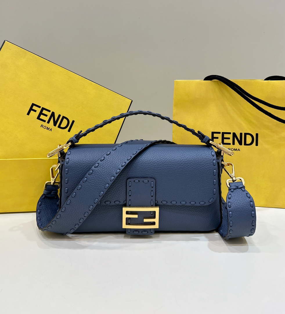 Fendi 8BR600 Baguette Navy blue Selleria bag with Oversized Topstitching 8610 - Default Title - View 1