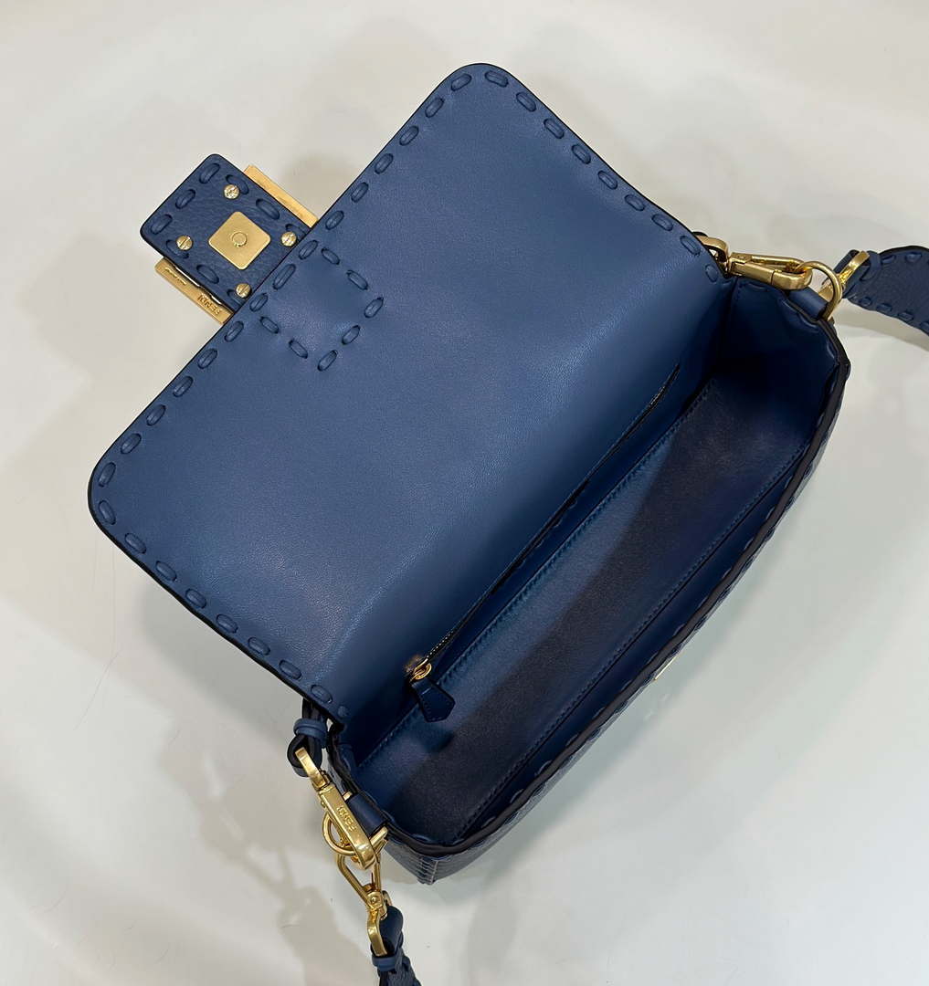 Fendi 8BR600 Baguette Navy blue Selleria bag with Oversized Topstitching 8610