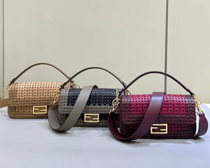 Fendi 8BR600 Baguette Wine Red interlaced leather and raffia bag 8630 - Default Title - View 2