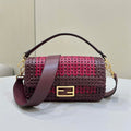 Fendi 8BR600 Baguette Wine Red interlaced leather and raffia bag 8630 - Default Title - View 1