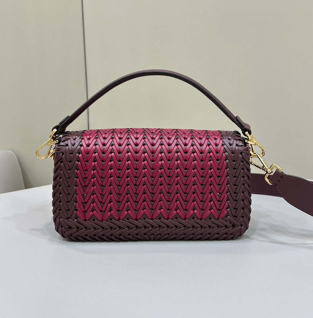 Fendi 8BR600 Baguette Wine Red interlaced leather and raffia bag 8630