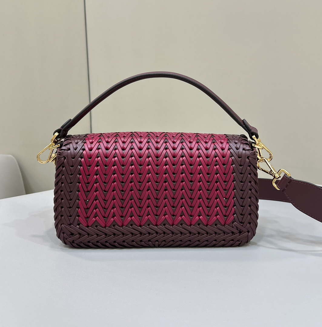 Fendi 8BR600 Baguette Wine Red interlaced leather and raffia bag 8630