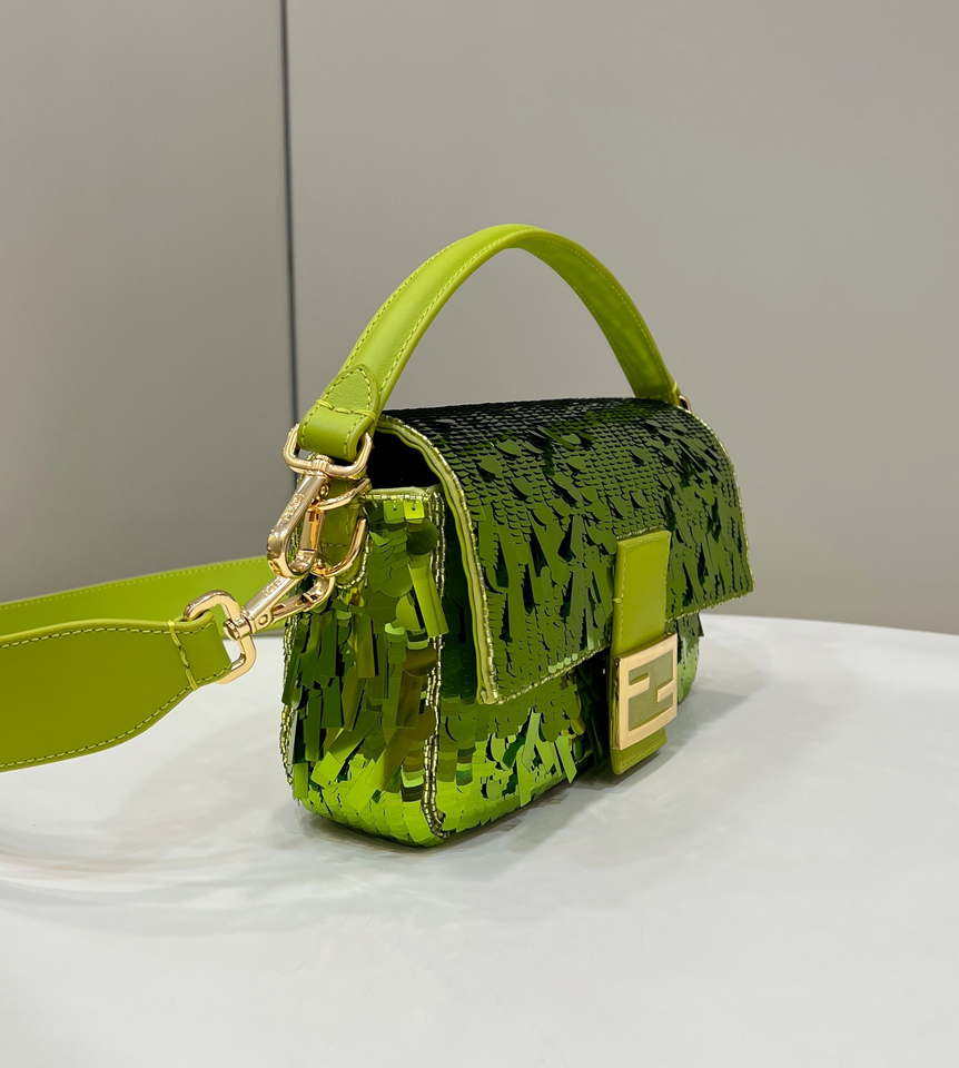 Fendi 8BR600 Medium Baguette Acid green sequin and leather bag 8601