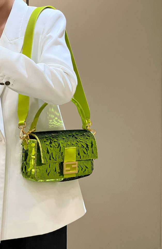 Fendi 8BR600 Medium Baguette Acid green sequin and leather bag 8601 - Default Title - View 2