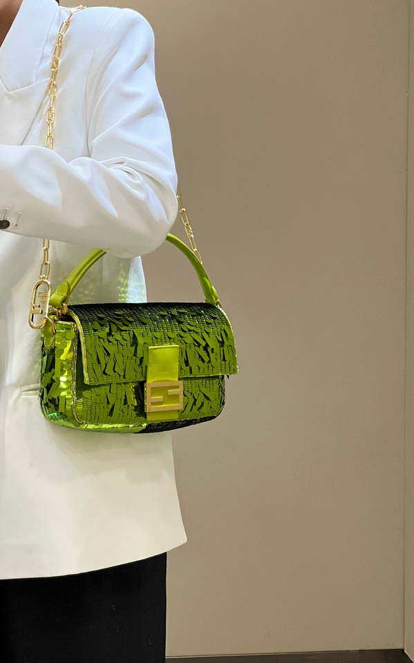 Fendi 8BR600 Medium Baguette Acid green sequin and leather bag 8601 - Default Title - View 11