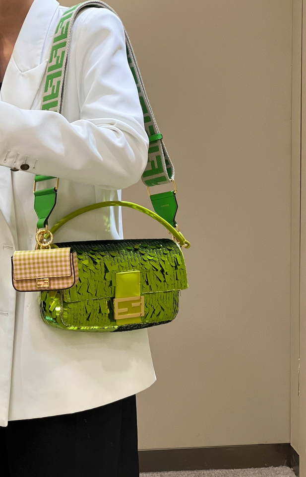 Fendi 8BR600 Medium Baguette Acid green sequin and leather bag 8601 - Default Title - View 12