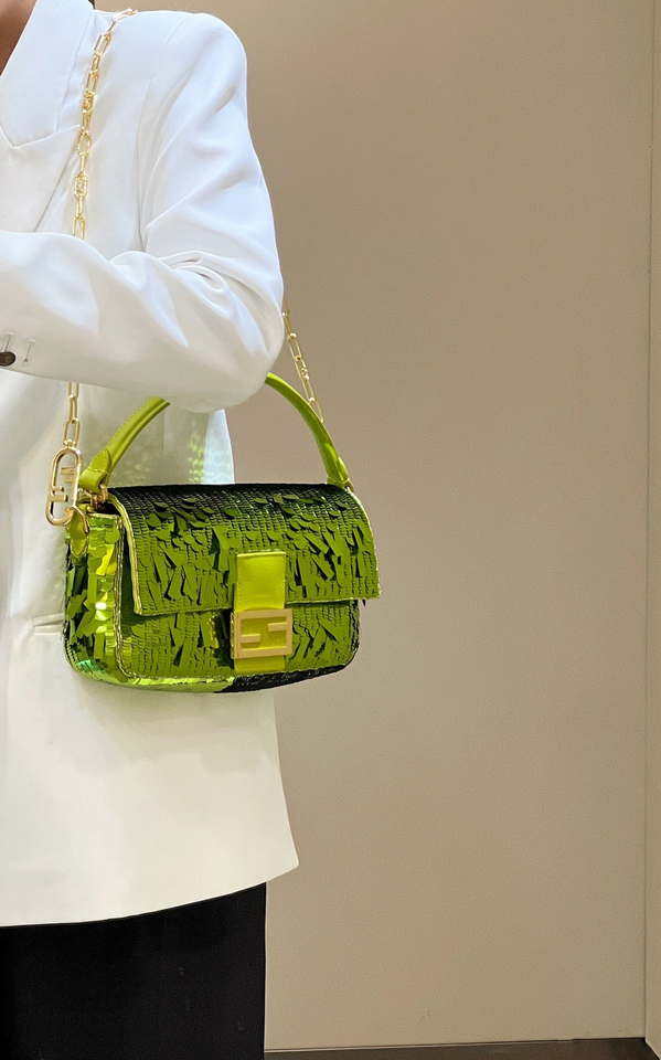 Fendi 8BR600 Medium Baguette Acid green sequin and leather bag 8601