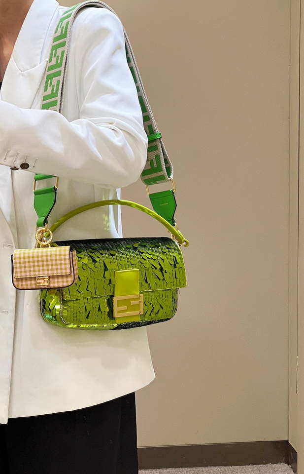 Fendi 8BR600 Medium Baguette Acid green sequin and leather bag 8601